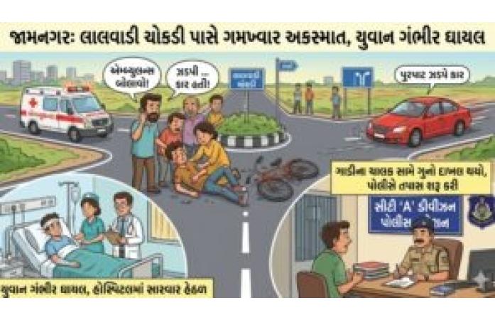 જામનગરના લાલવાડી ચોકડી પાસે બેફામ કારનો કહેર – યુવાન ગંભીર રીતે ઈજાગ્રસ્ત, કારચાલક સામે પોલીસ ફરિયાદ.