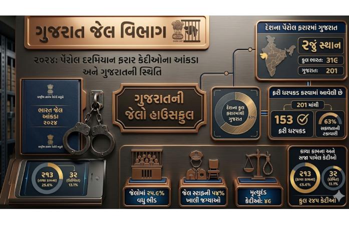 ગુજરાતની જેલોમાં ચોંકાવનારી સ્થિતિ : પેરોલ દરમિયાન દેશના 93% કેદીઓ ગુજરાતમાંથી ફરાર, જેલોમાં ગીચતા અને સ્ટાફની ભારે અછતનો NCRB રિપોર્ટમાં ખુલાસો.