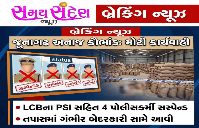 જૂનાગઢ અનાજ કૌભાંડમાં મોટી કાર્યવાહી, એલસીબીના પીએસઆઇ સહિત ચાર પોલીસ કર્મી સસ્પેન્ડ, તપાસમાં બેદરકારી સામે આવી.