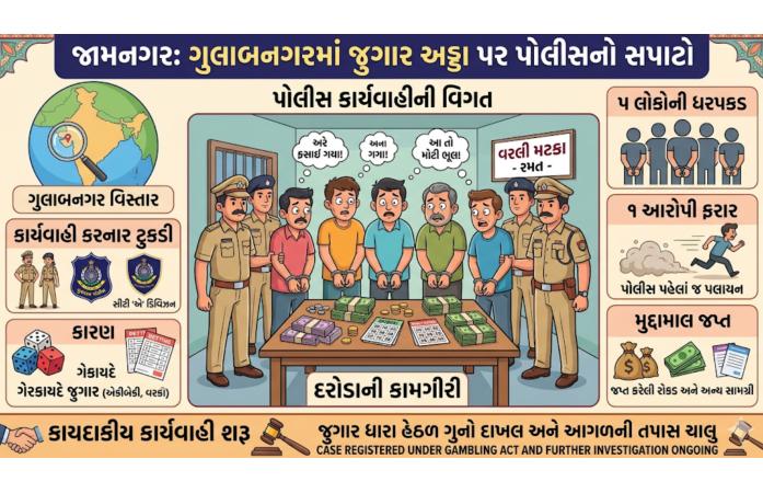 જામનગરના ગુલાબનગરમાં એકીબેકી અને વર્લી જુગાર પર પોલીસનો દરોડો, પાંચ ઝડપાયા, એક આરોપી ફરાર બન્યો