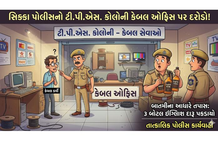 સિક્કામાં કેબલ ઓફિસમાંથી ઇંગ્લિશ દારૂ સાથે શખ્સ ઝડપાયો, દારૂબંધી કાયદા વચ્ચે પોલીસ કાર્યવાહીથી વિસ્તારમાં ચકચાર ફેલાઈ.
