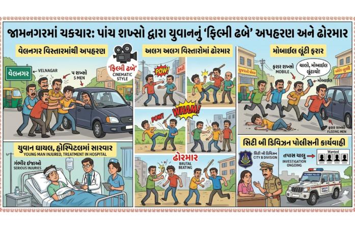 જામનગરમાં યુવાનનું અપહરણ કરી ઢોરમાર, મોબાઇલ લૂંટી ફરાર થયેલા પાંચ શખ્સોની શોધમાં પોલીસ દોડતી થઈ.