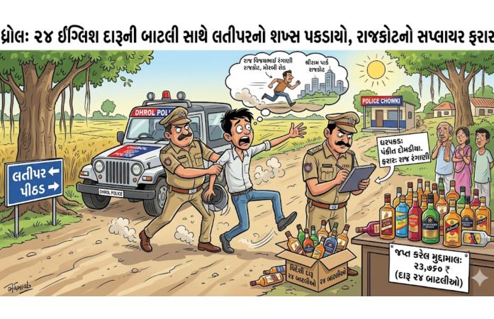 ધ્રોલ પોલીસની દારૂ વિરોધી કાર્યવાહી : લતીપર ગામનો શખ્સ ૨૪ ઇંગ્લિશ દારૂની બાટલીઓ સાથે ઝડપાયો, રાજકોટનો સપ્લાયર ફરાર જાહેર.
