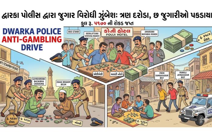 દ્વારકામાં જુગારધારા હેઠળ પોલીસની કાર્યવાહી : એકીબેકી રમતા છ શખ્સ રોકડ રકમ સાથે ઝડપાયા.