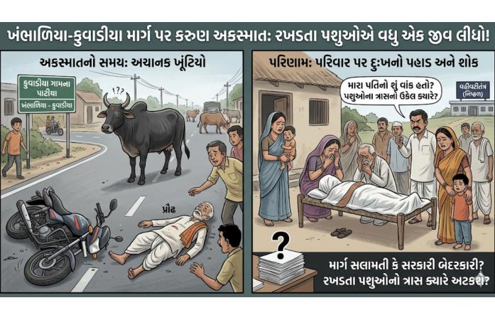 કુવાડીયા ગામના પાટીયા પાસે દુર્ઘટનામાં પ્રૌઢનું કરુણ મોત રસ્તામાં ખૂંટિયો આડો ઉતરતા મોટરસાયકલ સ્લીપ થઈ ડિવાઈડર સાથે અથડાયું, પરિવાર પર દુઃખનો પહાડ