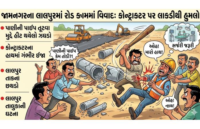 લાલપુરમાં રોડ કામ દરમિયાન વિવાદે ધારણ કર્યું હિંસક રૂપ : ભૂંગળું તૂટતાં કોન્ટ્રાકટર પર હુમલો, ત્રણ સામે પોલીસ ફરિયાદ.