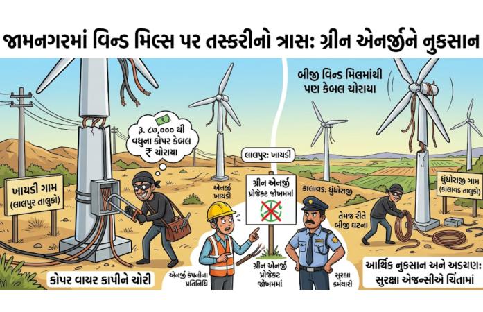 જામનગર જિલ્લામાં પવનચક્કીઓ બન્યાં તસ્કરોના નિશાને : ખાયડી અને ધૂનધોરાજીમાંથી ₹87 હજારના કોપર વાયર ચોરી, પોલીસ તપાસ તેજ