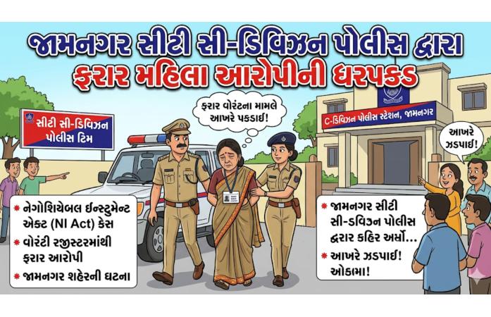 જામનગરમાં સજા વોરંટની ફરાર મહિલા આરોપી ઝડપાઈ : સીટી-સી ડિવિઝન પોલીસની સફળ કાર્યવાહી, મહિલા જેલ હવાલે.