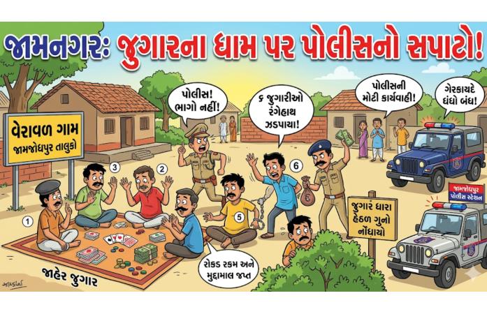 જામજોધપુરના વેરાવળ ગામે જાહેરમાં ચાલતા તિનપત્તીના જુગાર પર પોલીસનો દરોડો : 6 શખ્સો ઝડપાયા, ₹10 હજારથી વધુની રોકડ કબ્જે