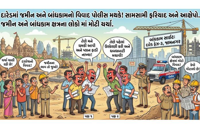 દરેડ ફેઝ-૩માં કન્સ્ટ્રક્શન સાઇટ વિવાદે લીધો ઉગ્ર વળાંક : બંને પક્ષે પોલીસમાં સામસામી ફરિયાદ, ધમકી અને બોલાચાલીના આક્ષેપો.