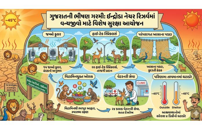 કાળઝાળ ગરમી સામે અબોલ જીવોની રક્ષા : ઈન્દ્રોડા પ્રકૃતિ ઉદ્યાનમાં વન વિભાગનું અનોખું આયોજન, હીટ સ્ટ્રોકથી બચાવવા 24 કલાક દેખરેખ.