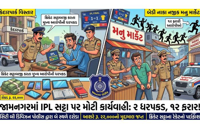જામનગરમાં IPL ફાઇનલ મેચ પર ક્રિકેટ સટ્ટાના બે મોટા રેકેટનો પર્દાફાશ – કેદારપાર્ક અને મનુ માર્કેટ વિસ્તારમાં પોલીસના દરોડા, 12 ફરાર આરોપીઓની શોધખોળ તેજ.