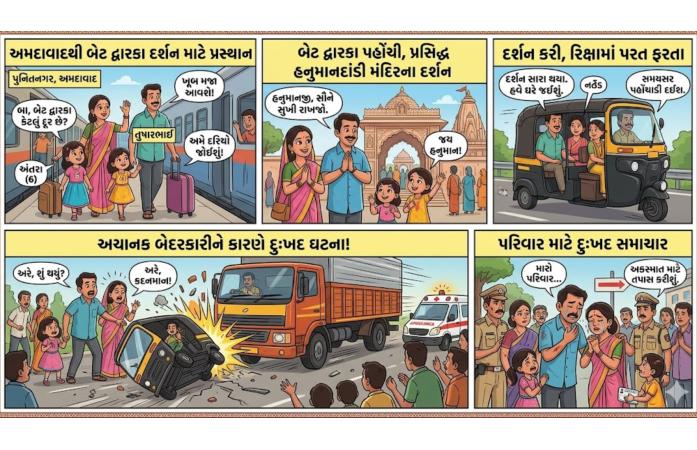 દ્વારકામાં રિક્ષા પલ્ટીથી અમદાવાદના પરિવારના પિતા અને બે પુત્રી ઘાયલ – બેટ દ્વારકા રોડ પર મોટરસાયકલની ટક્કરથી સર્જાયો અકસ્માત, પોલીસે ગુનો નોંધી તપાસ શરૂ કરી