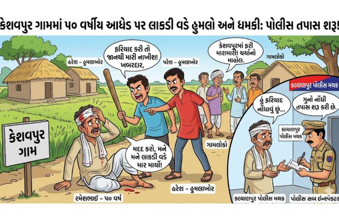 કેશવપુર ગામમાં આધેડ પર લાકડી વડે હુમલો, જાનથી મારી નાખવાની ધમકીનો આરોપ – બે શખ્સો સામે કલ્યાણપુર પોલીસમાં ફરિયાદ નોંધાઈ.