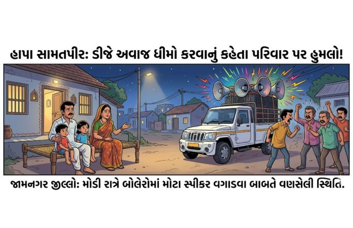 હાપામાં ડીજેના ધમધમતા અવાજે સર્જ્યો વિવાદ : સમજાવવા ગયેલા પરિવાર પર હુમલો, મહિલાને માથામાં ગંભીર ઇજા.