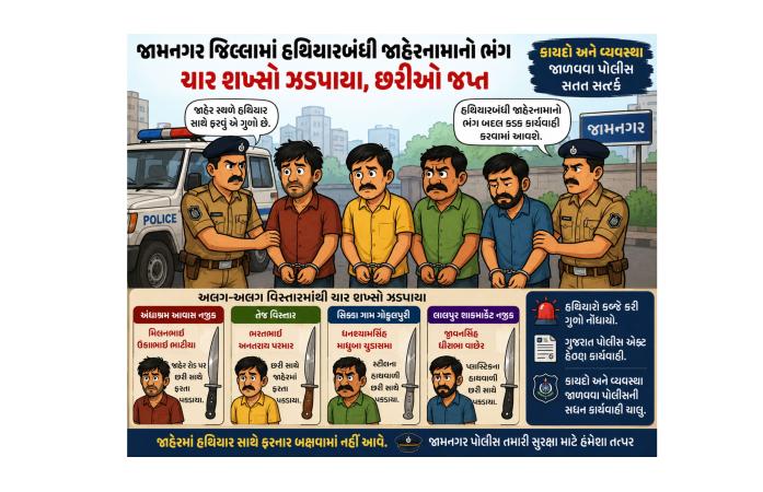 જામનગરમાં હથિયારબંધી જાહેરનામાનો ભંગ: ચાર શખ્સો ઝડપાયા, છરીઓ કબજે.