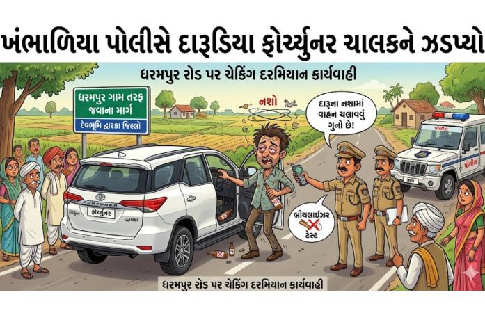 ખંભાળિયામાં ફોર્ચ્યુનર કારચાલક દારૂના નશામાં ઝડપાયો: ધરમપુર રોડ પર પોલીસે ગોઠવેલી ચેકિંગમાં ભાંડો ફૂટ્યો.