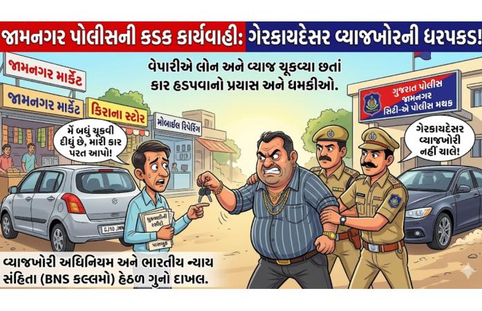 જામનગરમાં વ્યાજખોરીનો આતંક: વેપારી પાસેથી લાખો રૂપિયા વસૂલ્યા બાદ કાર પચાવી, જાનથી મારી નાખવાની ધમકી આપ્યાનો આક્ષેપ.