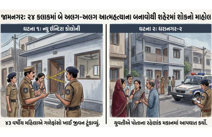 જામનગરમાં 24 કલાકમાં બે આત્મહત્યાના બનાવોથી ચકચાર: મહિલા અને યુવતીએ ગળેફાંસો ખાઈ જીવન ટૂંકાવ્યું, પરિવારોમાં શોકનો માહોલ.