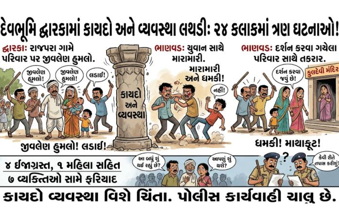 દ્વારકા જિલ્લામાં 24 કલાકમાં માથાકૂટના ત્રણ બનાવોથી ચકચાર: મહિલા સહિત ચાર ઘાયલ, સાત શખ્સ સામે પોલીસ ફરિયાદ.