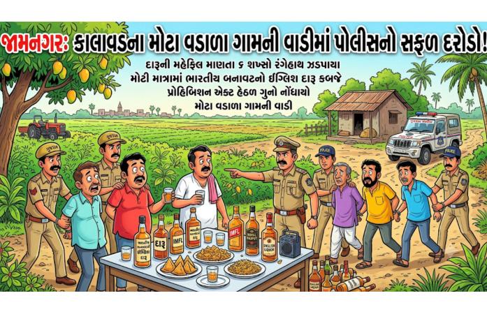મોટા વડાળા ગામની વાડીમાં દારૂની મહેફિલ પર પોલીસનો દરોડો: રાજકોટના 6 શખ્સો ઝડપાયા, ઇંગ્લિશ દારૂ સાથે કાર્યવાહી.