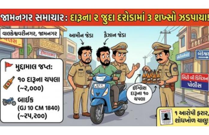 જામનગરમાં દારૂબંધી કાયદાનો ભંગ: ઇંગ્લિશ દારૂના 12 ચપલા સાથે ત્રણ શખ્સ ઝડપાયા, એક ફરાર.