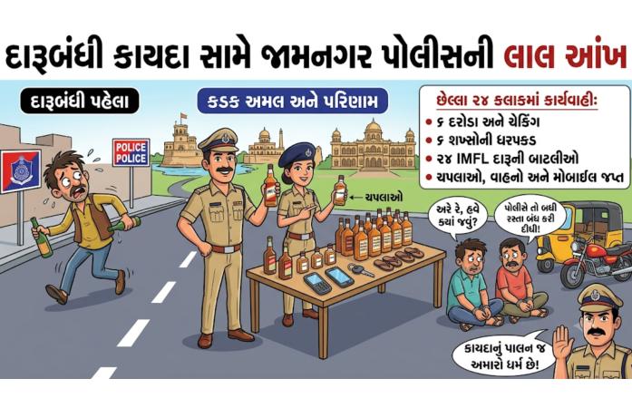 જામનગર જિલ્લામાં દારૂ વિરુદ્ધ પોલીસનું મેગા અભિયાન: 6 દરોડામાં 6 બુટલગર ઝડપાયા, 24 બાટલી દારૂ સહિત વાહનો-મોબાઇલ કબજે