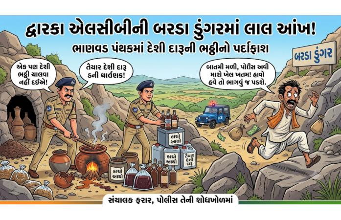 ભાણવડના બરડા ડુંગરમાં દારૂની ભઠ્ઠી પર એલસીબીનો દરોડો: 800 લિટર કાચો આથો અને 70 લિટર દેશી દારૂ જપ્ત, સંચાલક ફરાર.