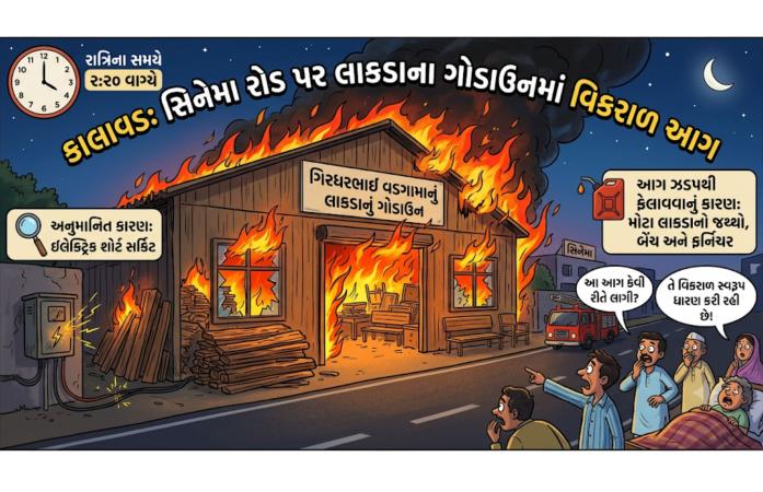 કાલાવડમાં મધરાતે આગનો તાંડવ: લાકડાના ગોડાઉનમાં ભીષણ આગથી અફરાતફરી, બાઈકની પેટ્રોલ ટાંકી ફાટતાં જ્વાળાઓએ ધારણ કર્યું વિકરાળ સ્વરૂપ.