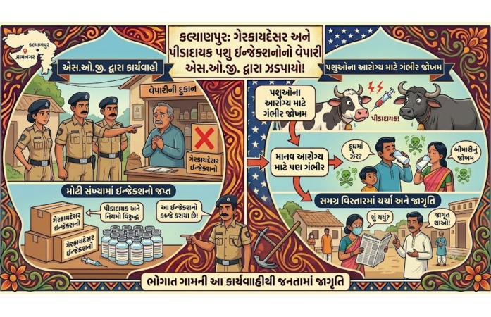 ભોગાતમાં દુધાળા પશુઓને અપાતા પ્રતિબંધિત અને પીડાદાયક ઇન્જેક્શનોના ગેરકાયદેસર વેચાણનો પર્દાફાશ: એસ.ઓ.જી.ની કાર્યવાહીથી વેપારીઓમાં ફફડાટ.