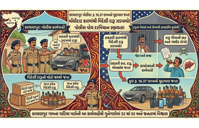 કલ્યાણપુરના પાટિયા પાસે દારૂ ભરેલી લક્ઝરી કાર ઝડપાઈ: ત્રણ શખ્સોની ધરપકડ, ₹16.37 લાખનો મુદ્દામાલ કબ્જે