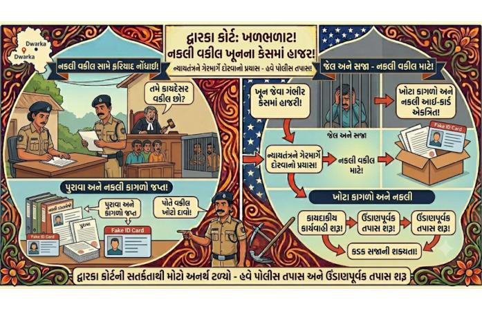 દ્વારકા કોર્ટમાં ખળભળાટ: વકીલ ન હોવા છતાં ખૂન કેસમાં વકીલ બની હાજર રહેલો શખ્સ સામે ફરિયાદ.