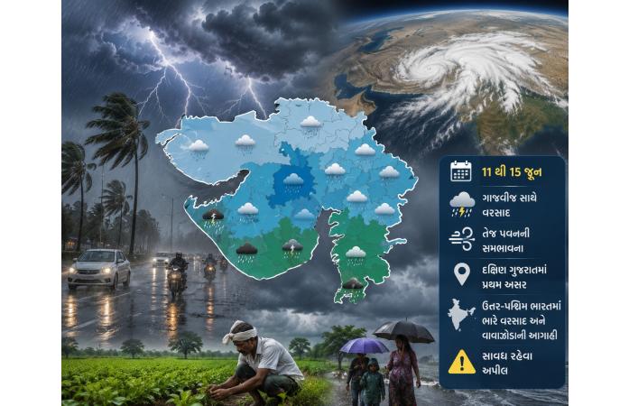 ગુજરાતમાં 11થી 15 જૂન દરમિયાન ગાજવીજ સાથે વરસાદની આગાહી, ચોમાસું મોડું બેસવાની શક્યતા