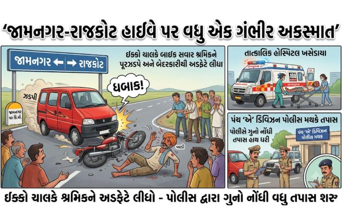 જામનગર-રાજકોટ હાઇવે પર બેદરકાર ઇક્કો કારનો કહેર: બાઇક સવાર શ્રમિક ગંભીર રીતે ઘાયલ, પોલીસમાં ગુનો નોંધાયો