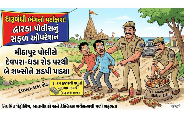 દેવપરા-ધડા રોડ પર દારૂબંધીનો ભંગ: ૪૧ ઇંગ્લિશ દારૂની બાટલીઓ સાથે બે શખ્સ ઝડપાયા.