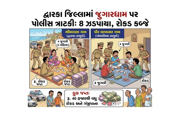 દ્વારકા જિલ્લામાં જુગારના અડ્ડાઓ પર પોલીસનો સકંજો: ભીમરાણા અને પીર લાખાસરમાં બે મહિલા સહિત આઠ જુગારીઓ ઝડપાયા, રૂ. 40 હજારથી વધુની રોકડ જપ્ત.
