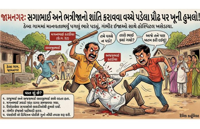 ઠેબા ગામમાં ઝગડો છોડાવવા ગયેલા પ્રૌઢ પર સગાભાઈ અને ભત્રીજાનો હુમલો.