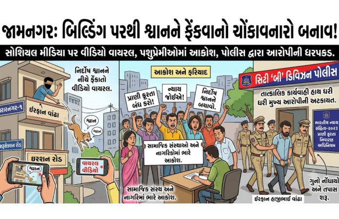 જામનગરમાં શ્વાન પર ક્રૂરતાનો કિસ્સો: સોશિયલ મીડિયામાં વીડિયો વાયરલ થતાં મુખ્ય આરોપીની અટકાયત, પશુપ્રેમીઓમાં રાહતની લાગણી.