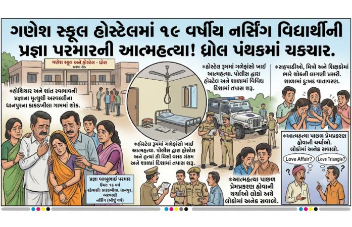 ધ્રોલની ગણેશ સ્કૂલમાં નર્સિંગ વિદ્યાર્થીનીના આપઘાતથી ચકચાર પ્રેમપ્રકરણની ચર્ચા વચ્ચે 19 વર્ષીય યુવતીએ હોસ્ટેલમાં ગળેફાંસો ખાઈ જીવન ટૂંકાવ્યું.