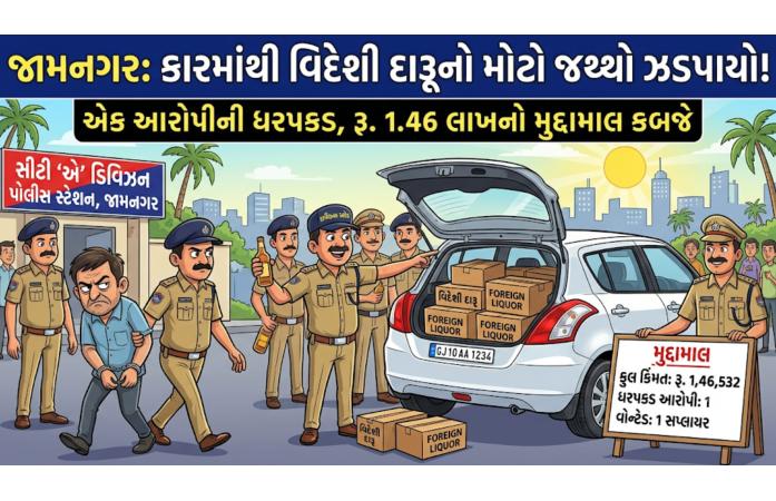 જામનગરમાં સીટી ‘એ’ ડિવિઝન પોલીસની મોટી કાર્યવાહી: ઇદ્રીશપીરની દરગાહ પાસે કારમાંથી ₹1.46 લાખનો વિદેશી દારૂ ઝડપાયો, ડ્રાઇવર ઝડપાયો, સપ્લાયર ફરાર.