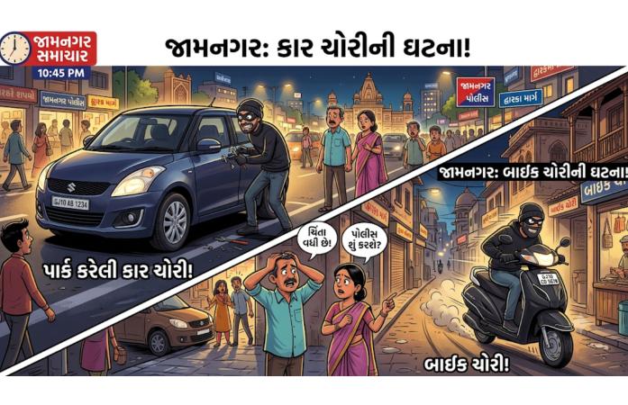 જામનગરમાં વાહનચોરો બેફામ: બ્રાહ્મણ બોર્ડિંગ પાસેથી બાઇક અને જી.જી. હોસ્પિટલ નજીકથી કાર ચોરી, પોલીસ દોડતી થઈ.