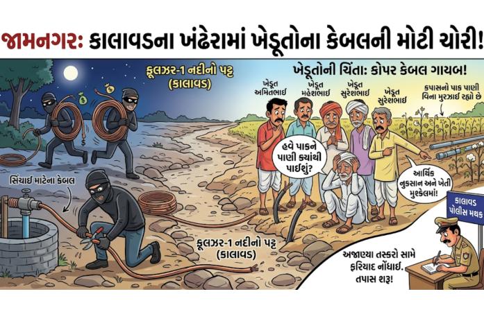 કાલાવડના ખંઢેરા ગામે ખેડૂતોએ સહન કર્યો મોટો ફટકો: 6 ખેડૂતોના 630 ફૂટ સિંચાઈ કેબલ વાયર ચોરાયા.