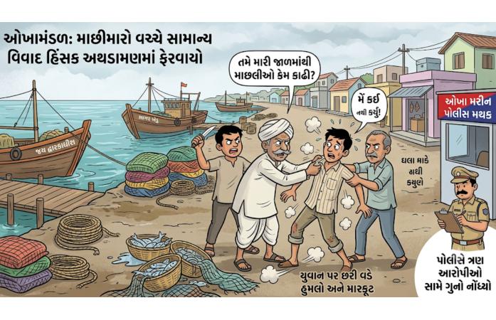 ઓખામંડળમાં માછીમારીની જાળમાંથી માછલીઓ કાઢવાના મુદ્દે હિંસક અથડામણ: પિતા-પુત્રોએ યુવાન પર છરી વડે હુમલો કર્યો