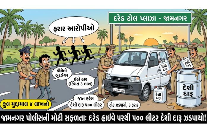 જામનગરના દરેડ હાઈવે પર દારૂબંધીનો મોટો ભંગ: 500 લીટર દેશી દારૂ સાથે ઈકો કાર ઝડપી, એક આરોપી ઝડપાયો, ત્રણ ફરાર.
