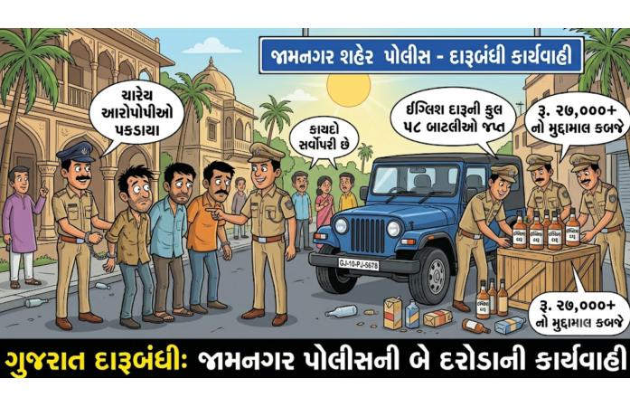 જામનગરમાં દારૂબંધી વચ્ચે ઇંગ્લિશ દારૂનો મોટો જથ્થો ઝડપાયો: બે અલગ-અલગ દરોડામાં ચાર શખ્સોની ધરપકડ, રૂ. 27 હજારથી વધુનો મુદ્દામાલ કબ્જે.