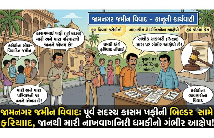 જામનગરમાં કરોડોના જમીન સોદા વિવાદે લીધો ગંભીર વળાંક: પૂર્વ જિલ્લા પંચાયત સદસ્યને જાનથી મારી નાખવાની ધમકીનો આક્ષેપ, બિલ્ડર સહિતના લોકો સામે ફરિયાદ.