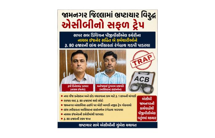 સાપર પીજીવીસીએલ કચેરીમાં એસીબીનો સપાટો: નાયબ ઇજનેર સહિત બે કર્મચારી રૂ. 80 હજારની લાંચ લેતા ઝડપાયા.