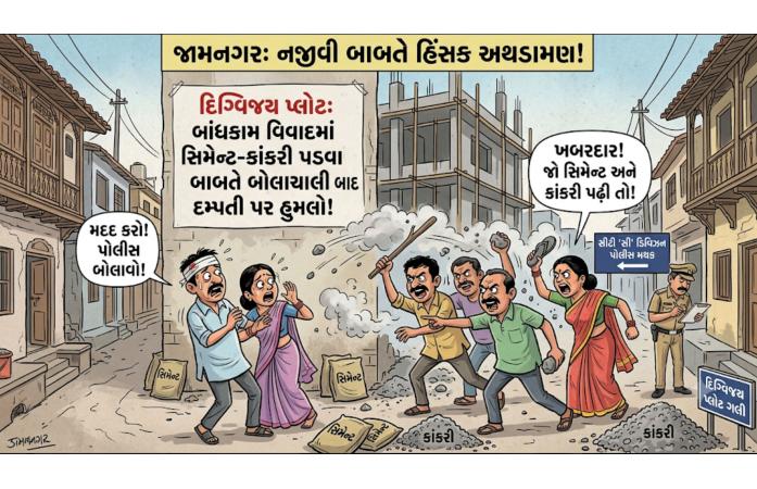 જામનગરમાં બાંધકામના વિવાદે લીધો ઉગ્ર વળાંક, દંપતી પર ચાર શખ્સોનો હુમલો દિગ્વિજય પ્લોટ વિસ્તારમાં સિમેન્ટ-કાંકરી પડવાની બાબતે બોલાચાલી બાદ મારામારી.