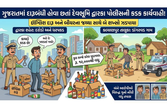 દ્વારકામાં દારૂબંધીનો ભંગ: વેપારી સહિત બે શખ્સો ઝડપાયા, ઇંગ્લિશ દારૂ અને બીયરનો જથ્થો જપ્ત.