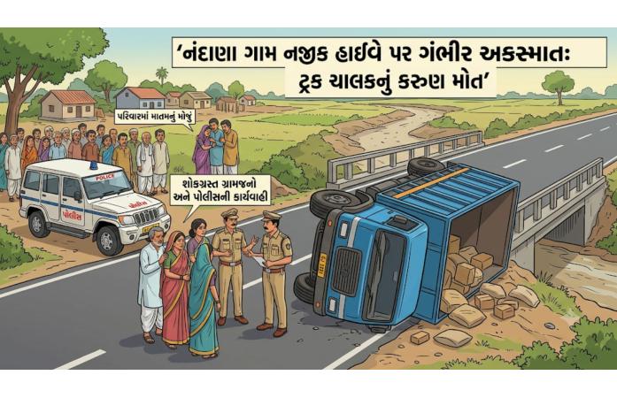નંદાણા નજીક હાઇવે પર ટ્રક ઉંધો વળતા ચાલકનું કરુણ મોત: હેન્ડલ પરનો કાબૂ ગુમાવતાં સર્જાયો ગમખ્વાર અકસ્માત.